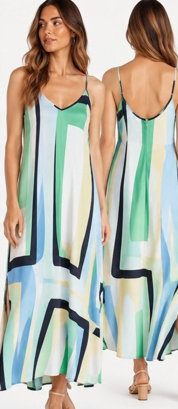Maeve Abstract Geometric Print Maxi Dress Green Blue Size Medium